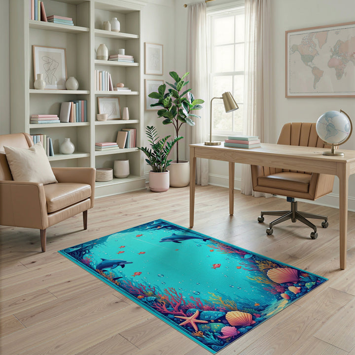 Dolphin Reef Blue Teal Coastal Area Rug