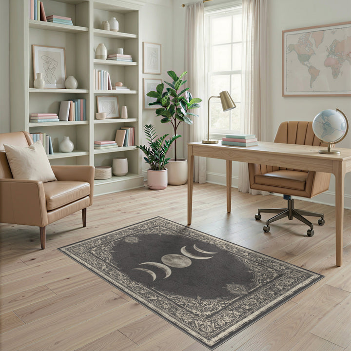 Moon Phases Black White Distressed Vintage Rug