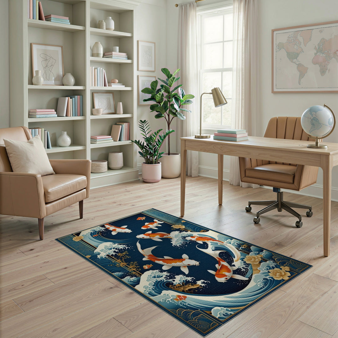 Koi Fish Waves Blue Area Rug