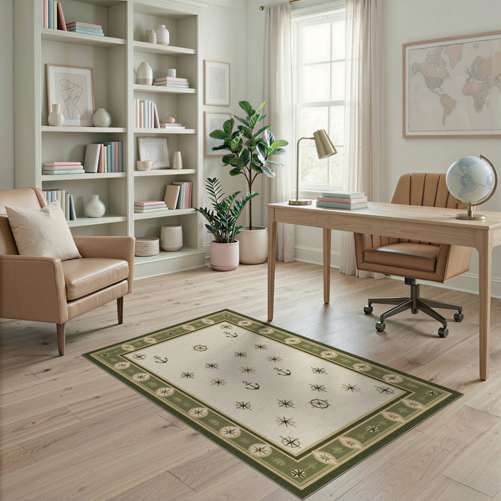Green Nautical Anchor Compass Area Rug