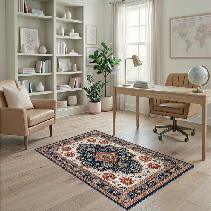 Navy Blue Persian Floral Medallion Blue and Teal Area Rug