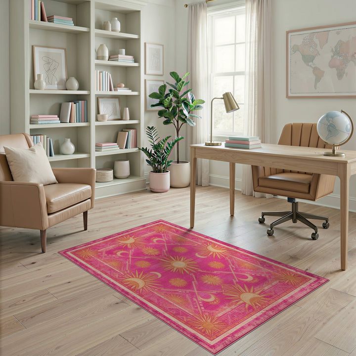 Pink Boho Sun Moon Celestial Area Rug
