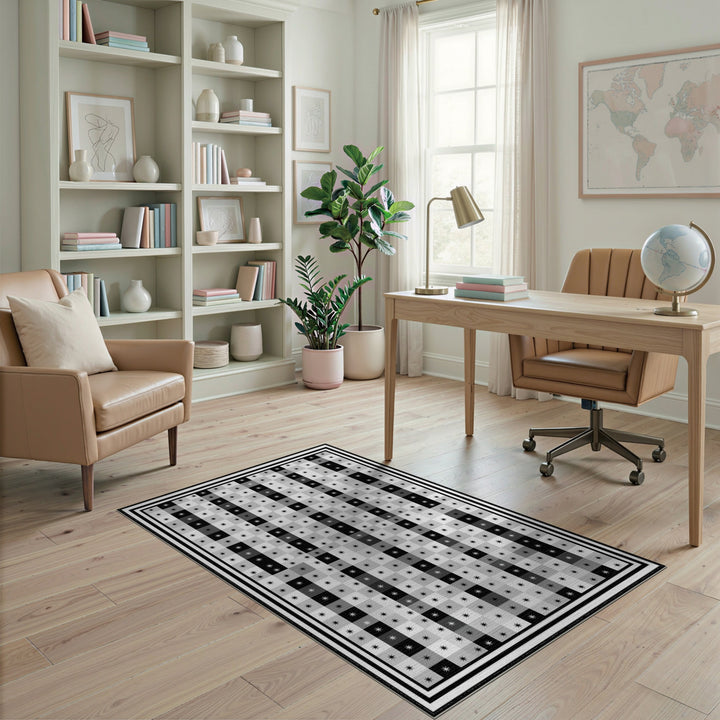 Black White Star Checkered Area Rug
