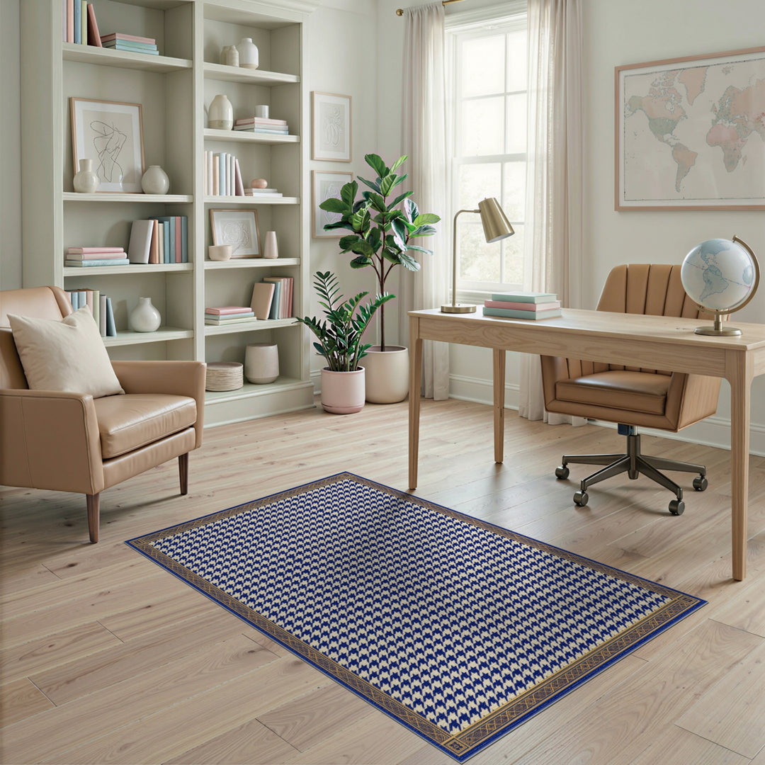 Navy Blue Houndstooth Bordered Area Rug