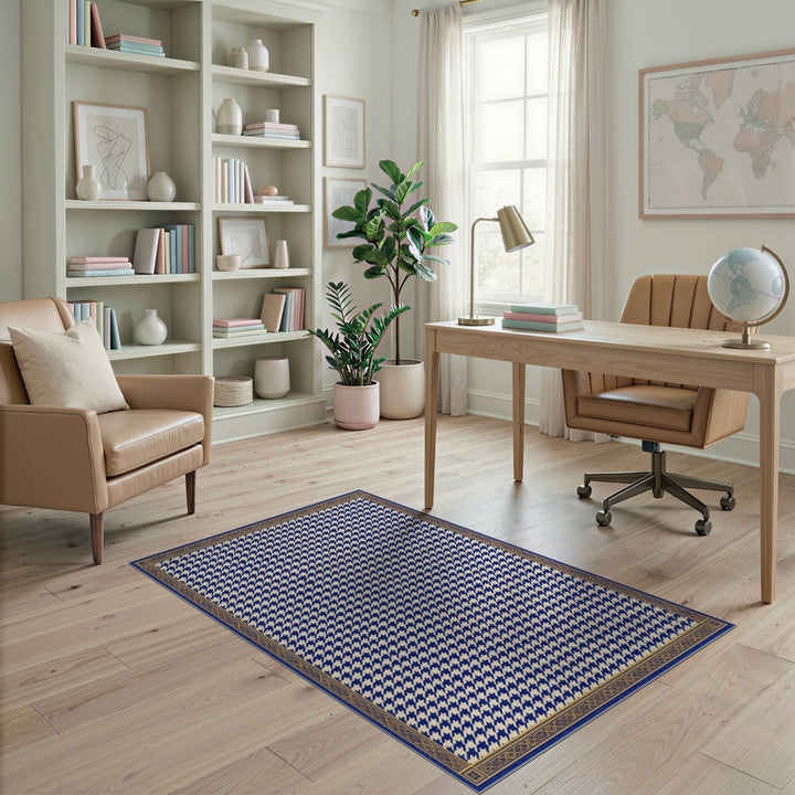 Navy Blue Houndstooth Bordered Area Rug