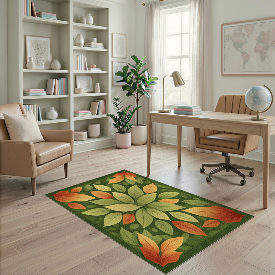 Green Autumn Leaf Floral Area Rug