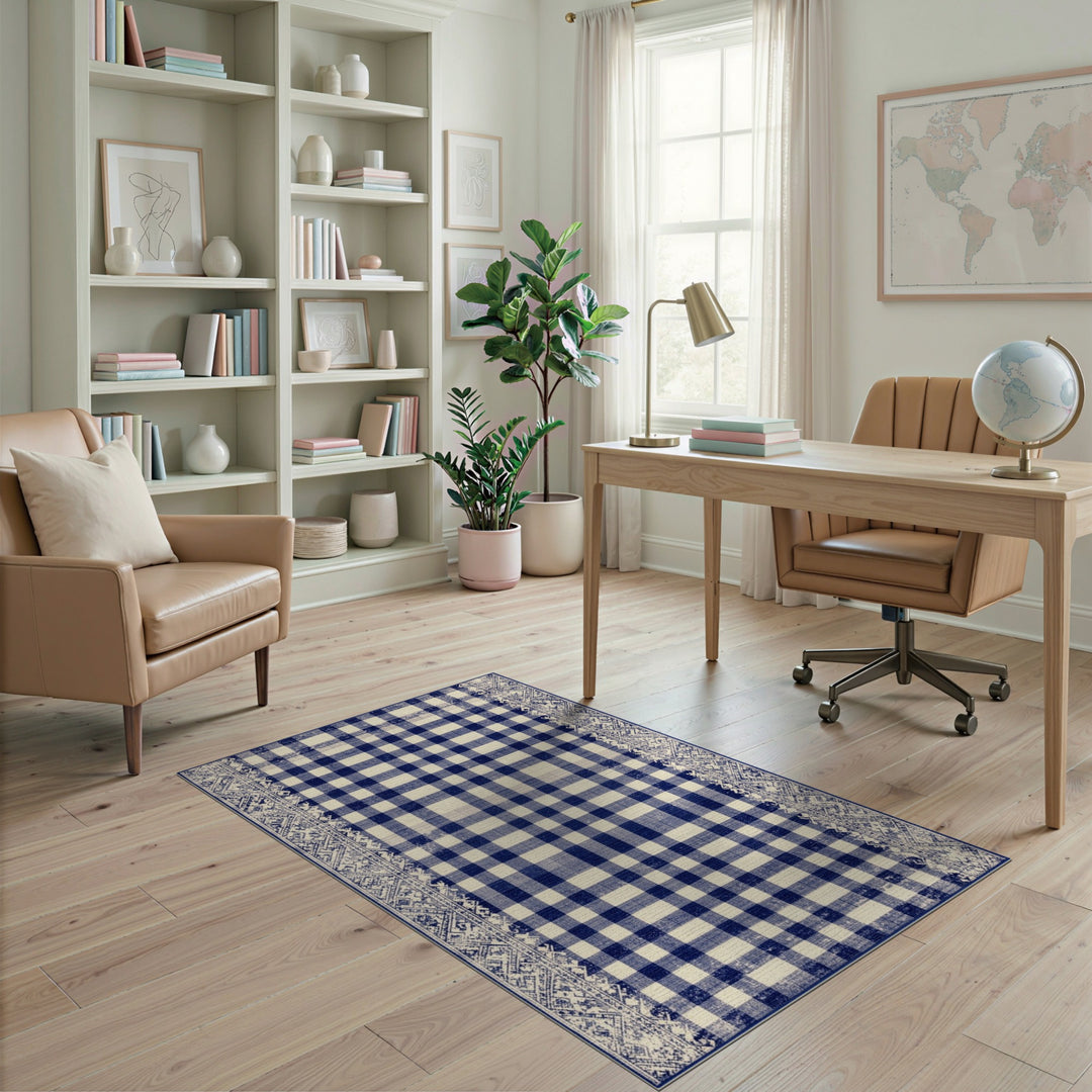 Navy Blue Checkered Vintage Area Rug