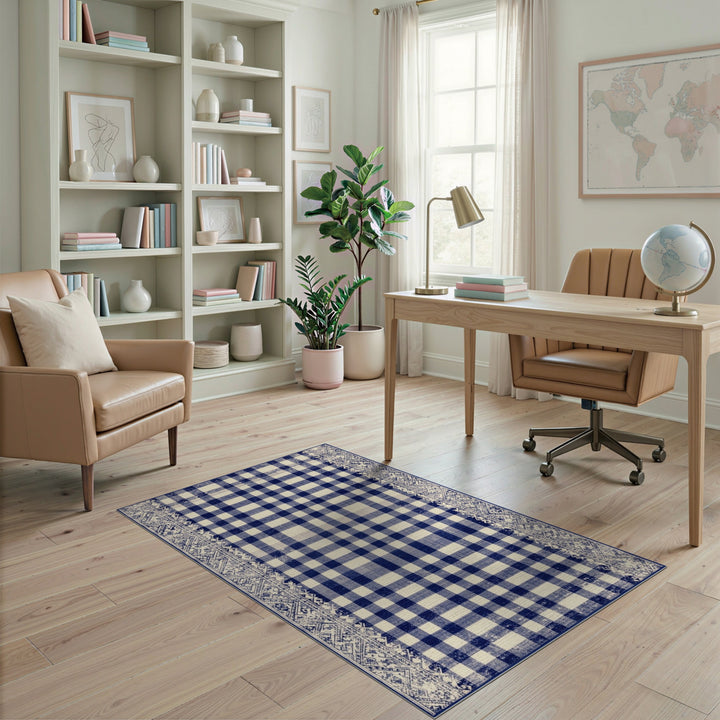 Navy Blue Checkered Vintage Area Rug