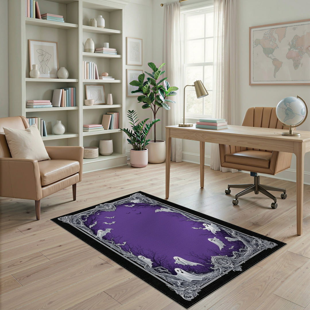 Purple Halloween Ghosts and Bats Ornate Area Rug
