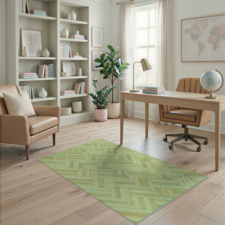 Green Geometric Area Rug with Gold Accents