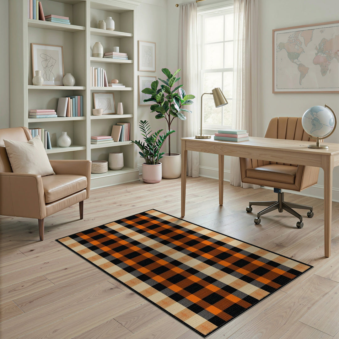 Orange Checkered Plaid Area Rug