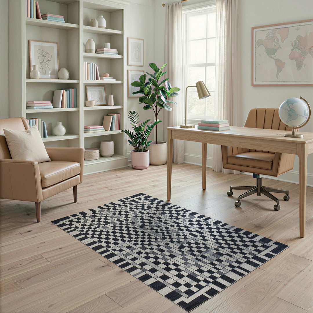 Checkered Black White Geometric Checkered Area Rug