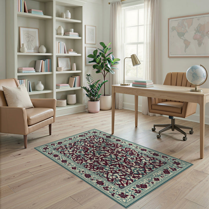 Teal Geometric Area Rug with Floral Border
