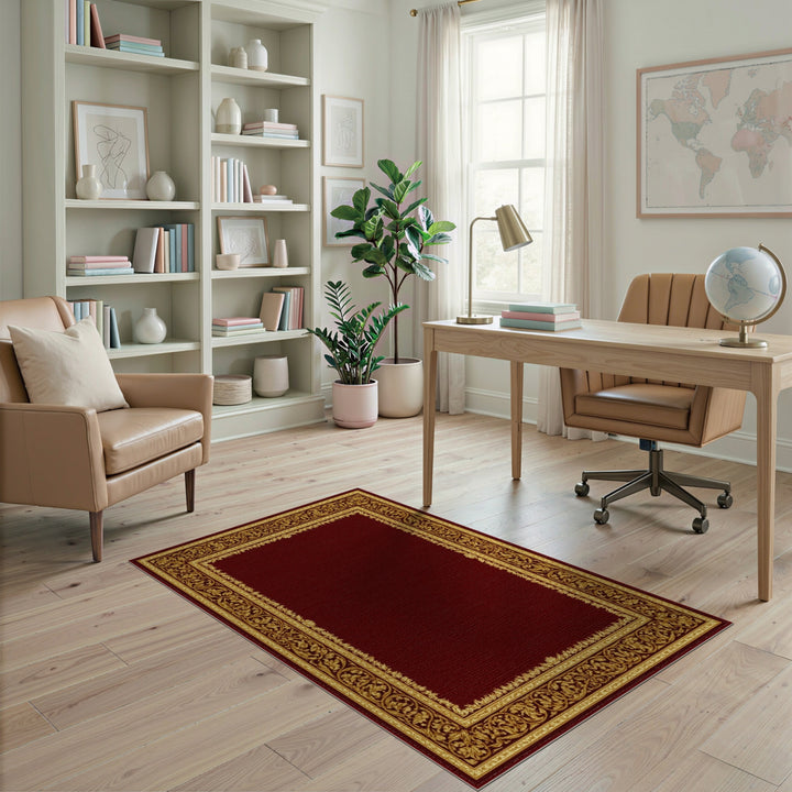 Rich Red Traditional Persian Rug with Gold Ornate Border