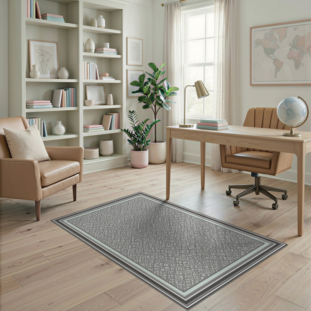 Grey Geometric Bordered Area Rug