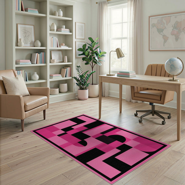 Bold Pink Black Geometric Pink Area Rug