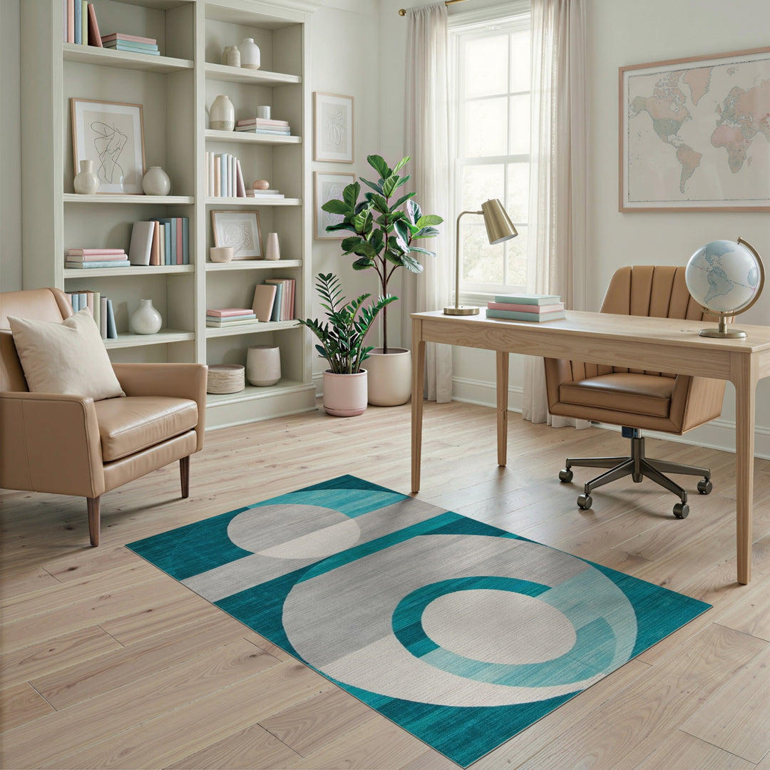 Blue and Teal Geometric Circles Modern Area Rug