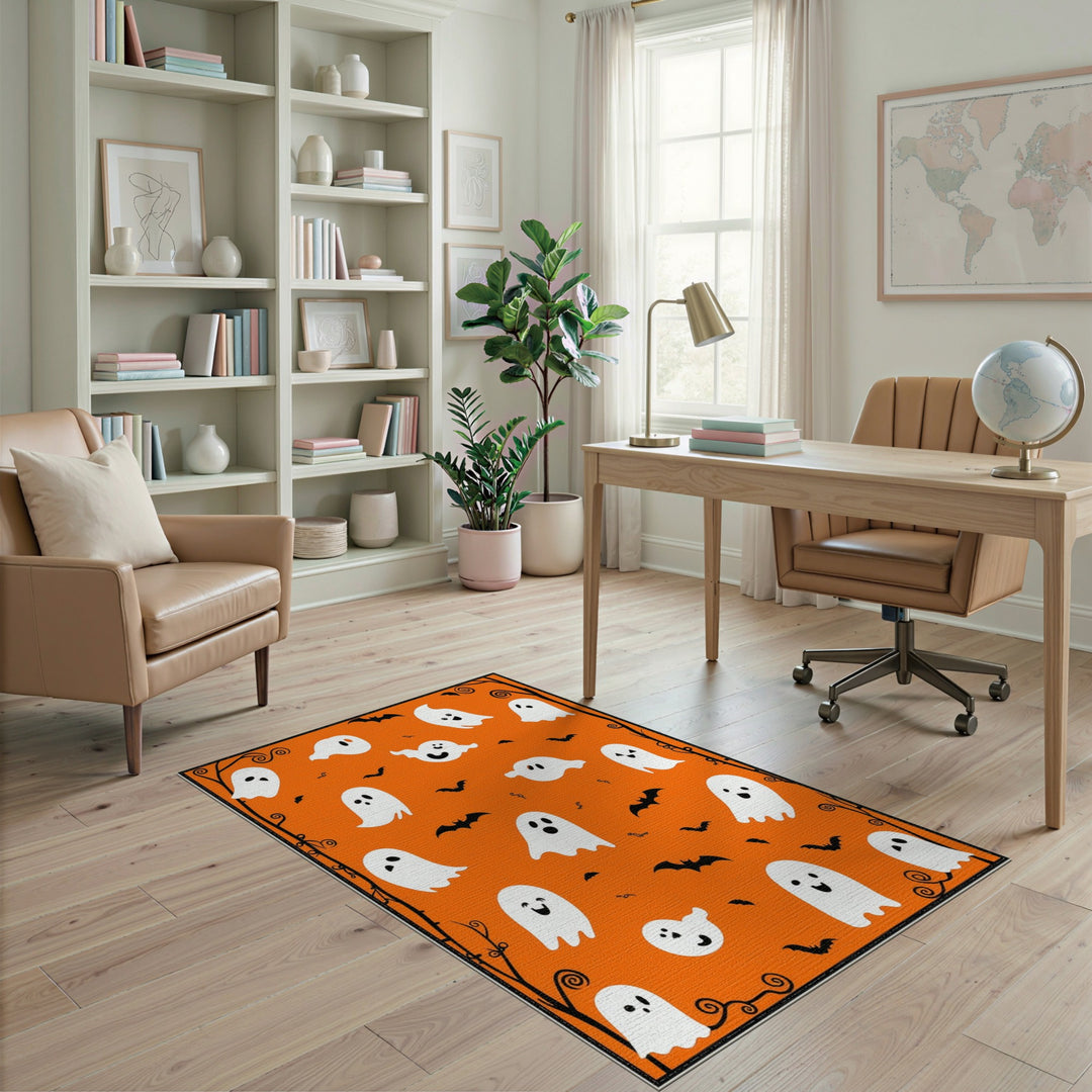 Ghosts and Bats Orange Halloween Kids Area Rug