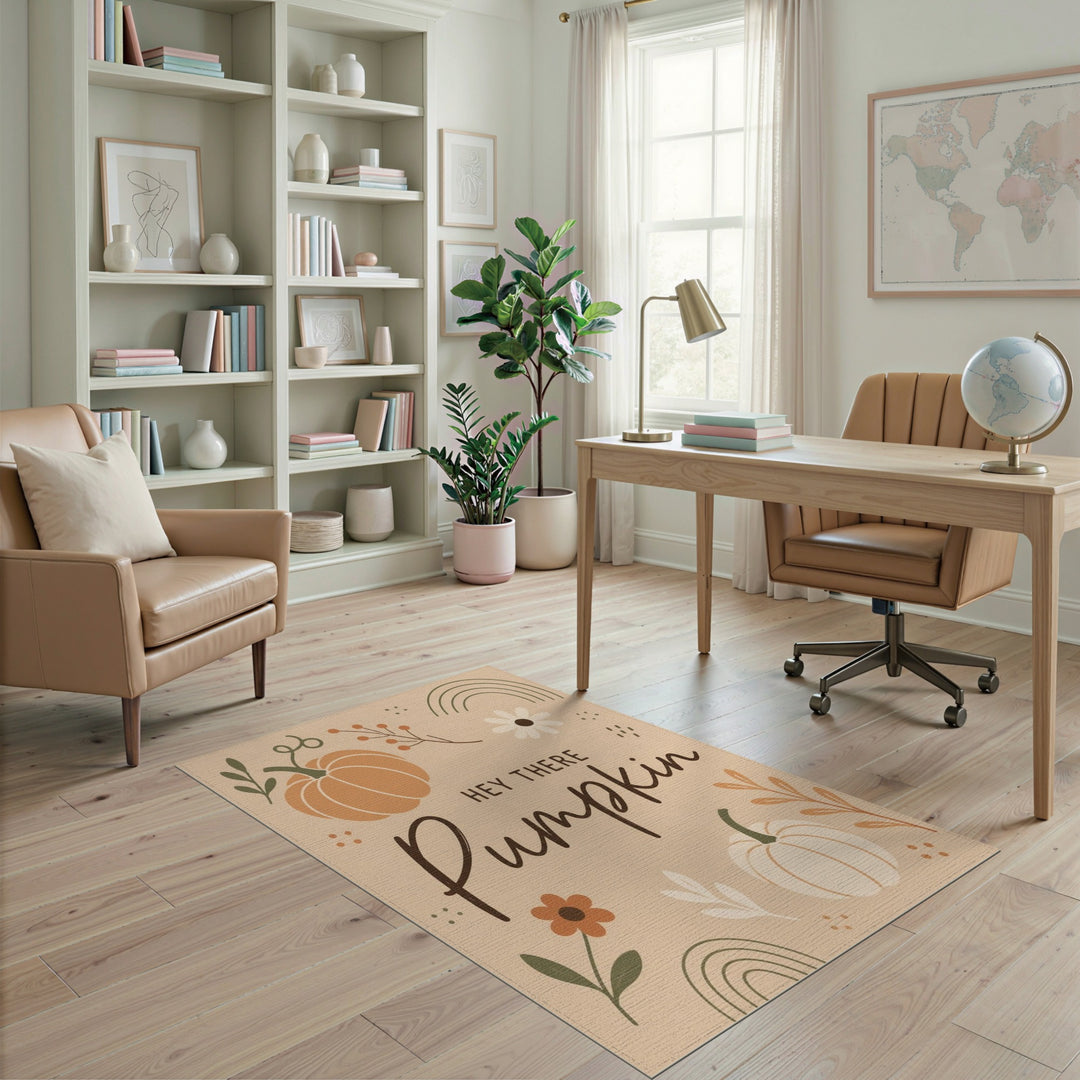 Rustic Farmhouse Hey There Pumpkin Beige Area Rug