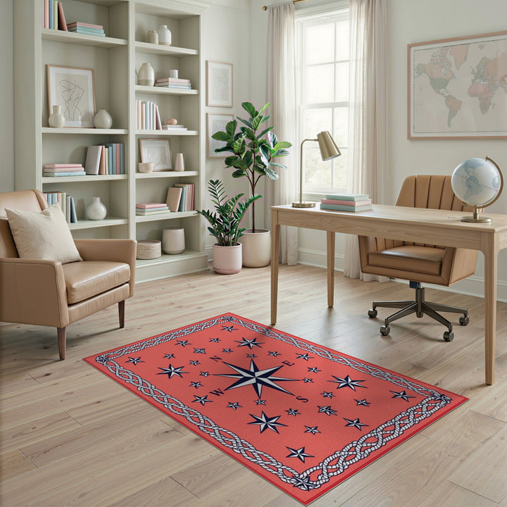 Red Nautical Compass Rope Border Area Rug