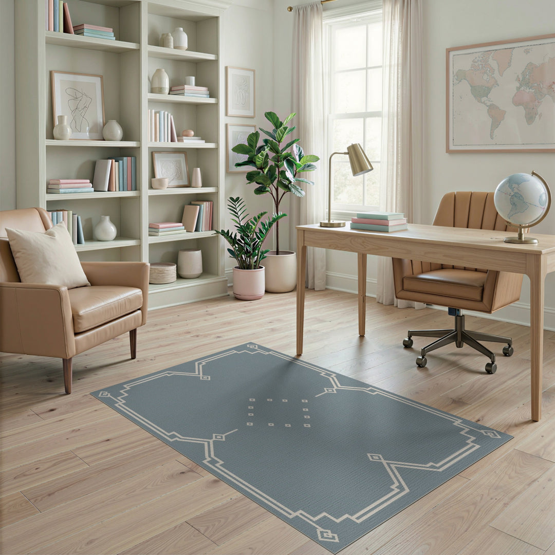Blue Geometric Border Area Rug