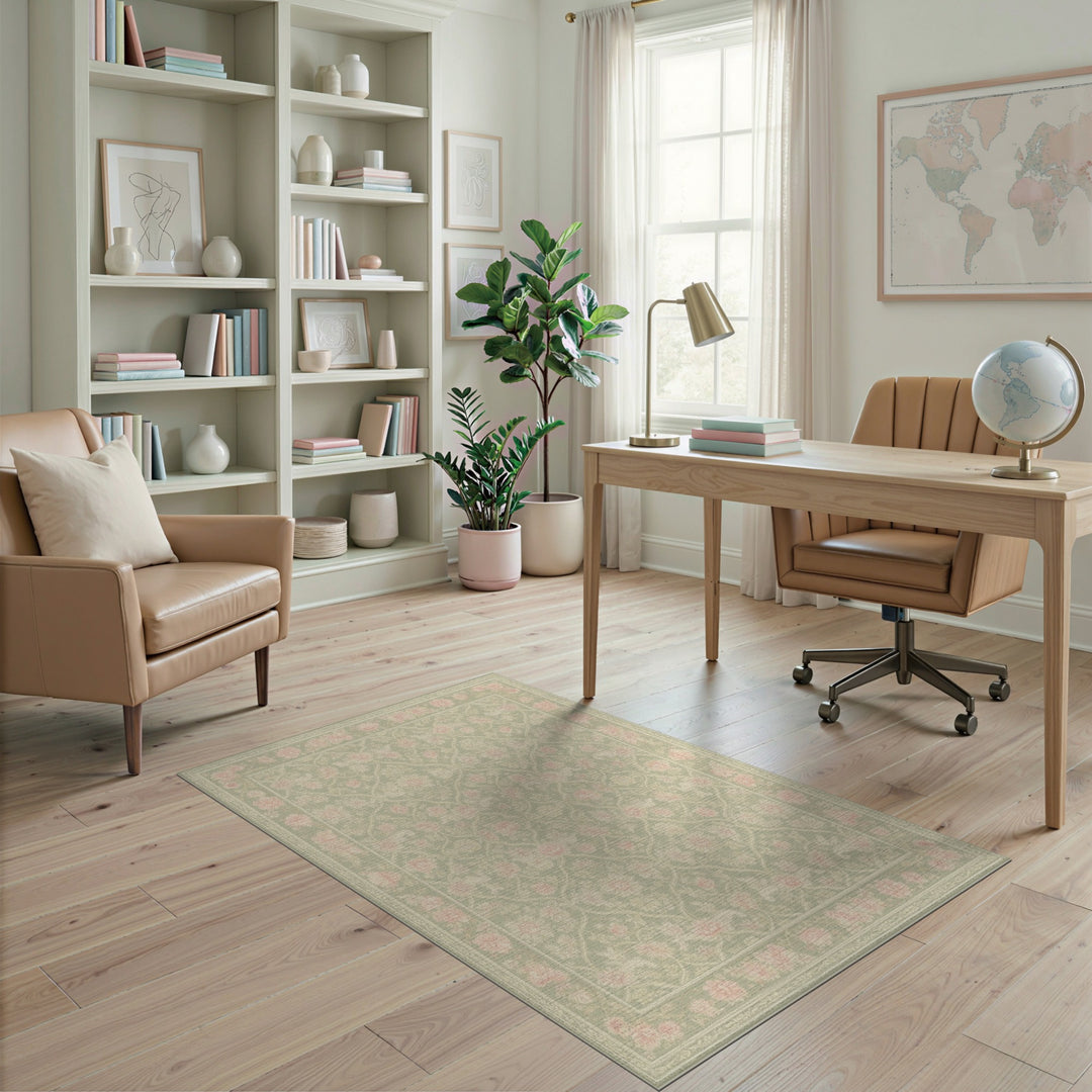 Green Sage Green Pink Floral Vintage Area Rug