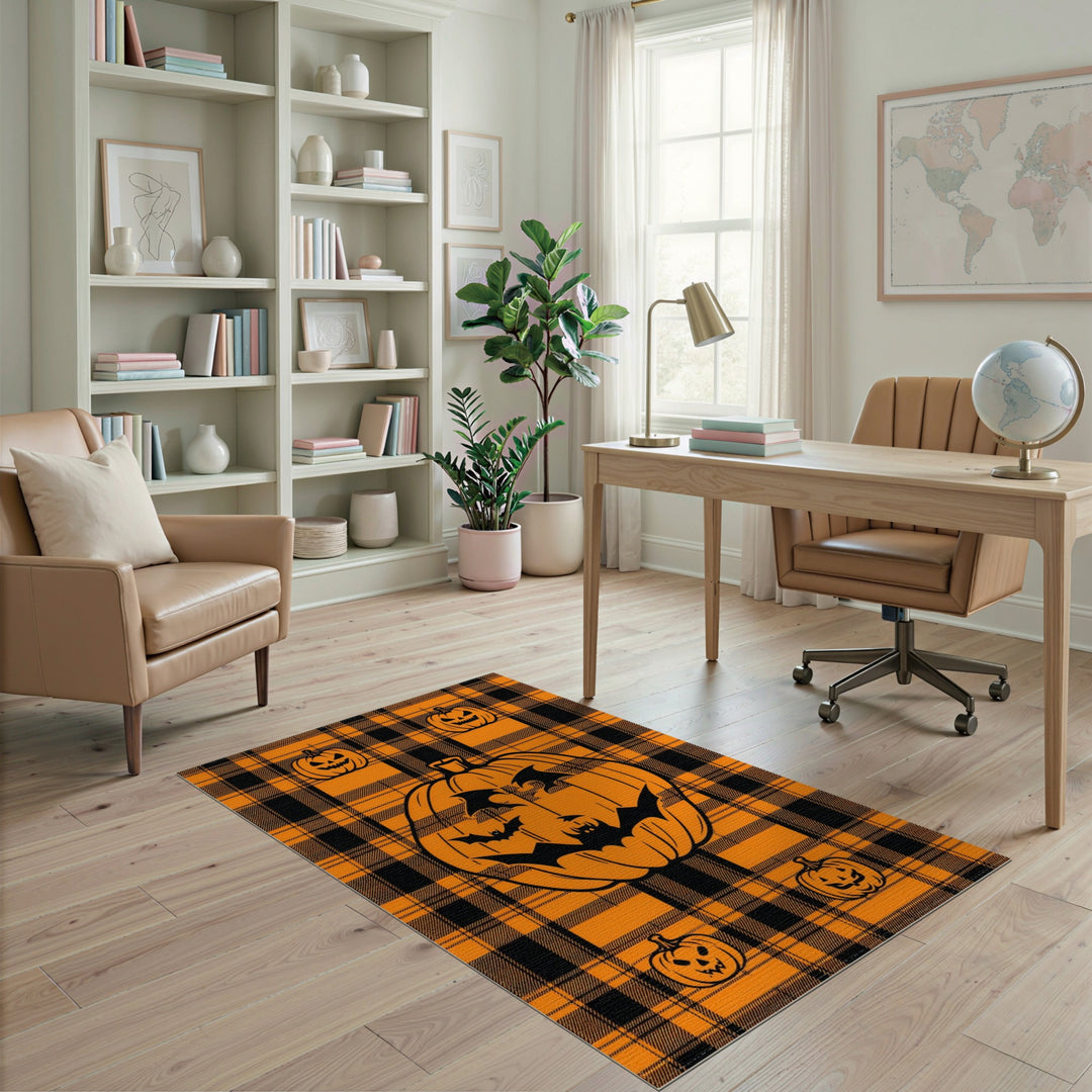 Halloween Pumpkin Bat Orange Plaid Area Rug