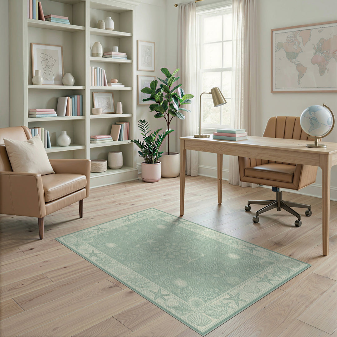 Teal Coastal Starfish Seashell Washable Area Rug