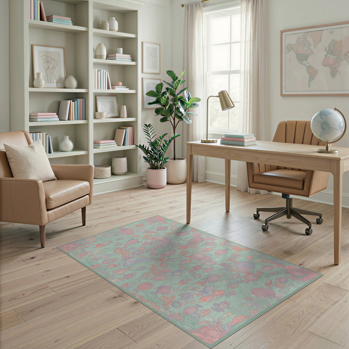 Blue and Teal Ocean Fish Coral Washable Area Rug