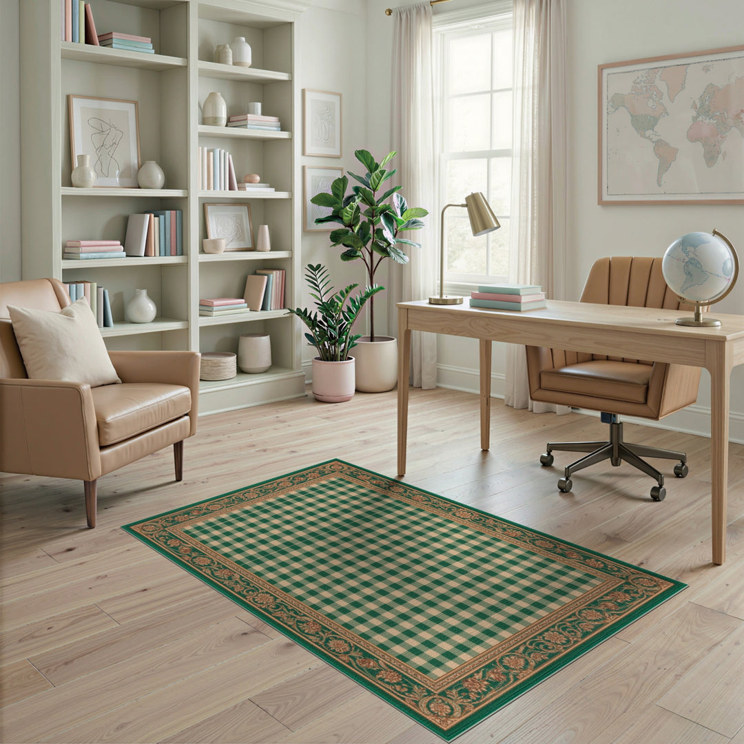 Green Gingham Checkered Rug with Floral Border