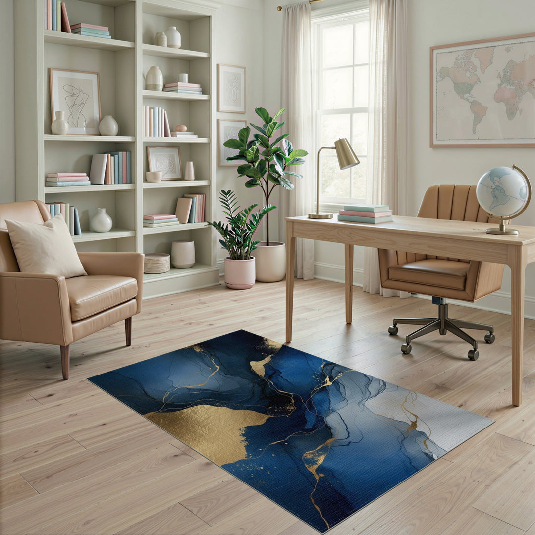 Blue Gold Abstract Fluid Area Rug