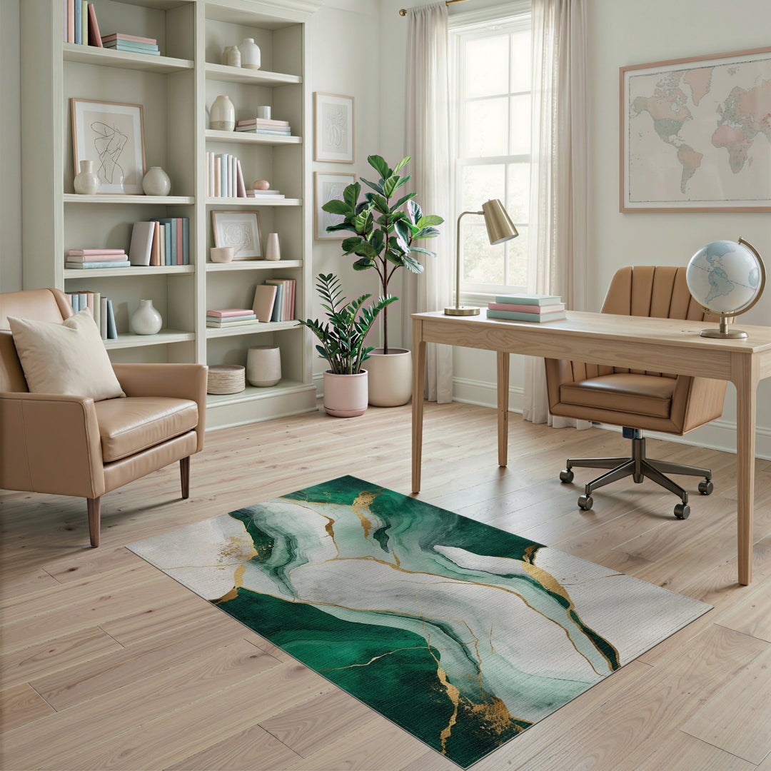 Green Abstract Gold Vein Area Rug