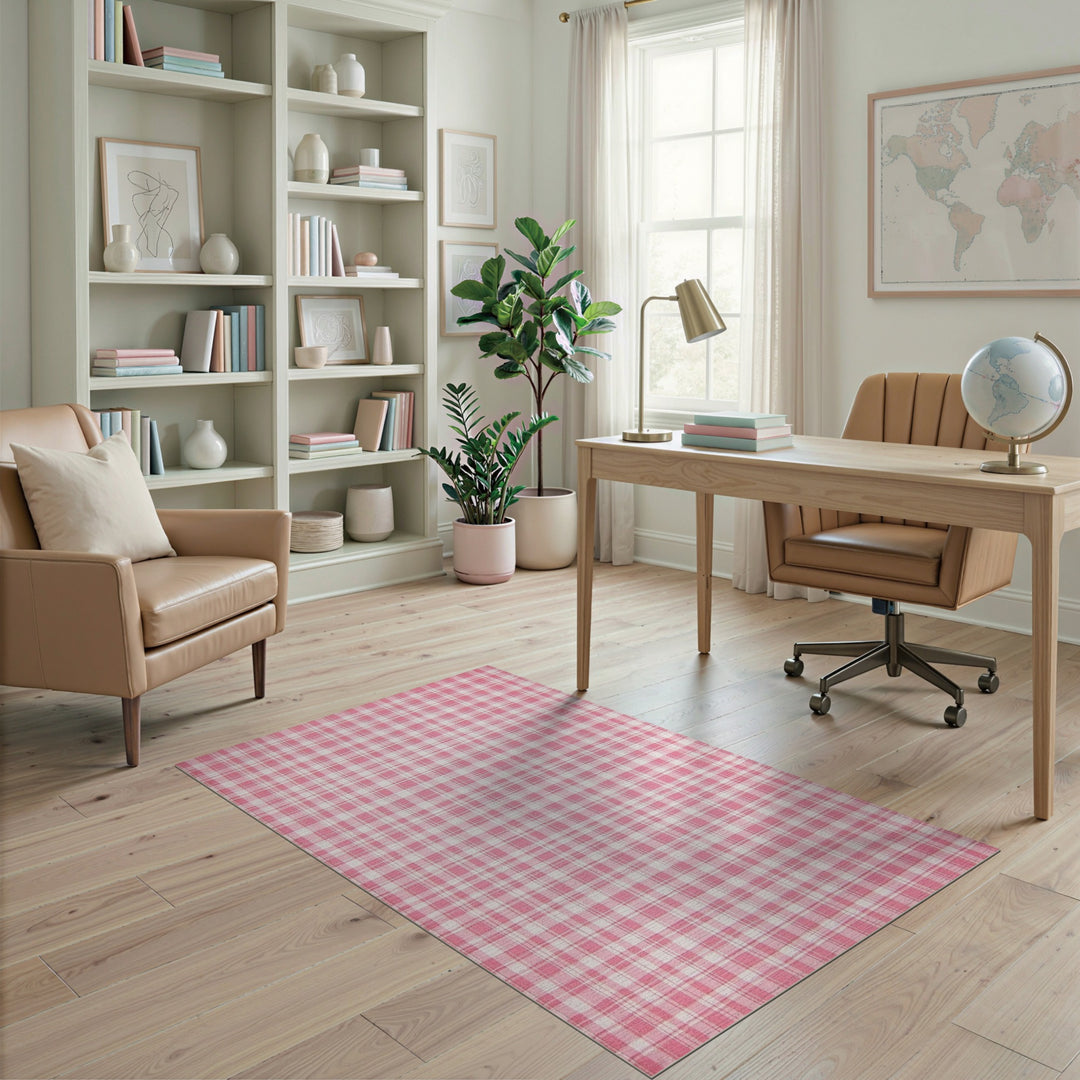 Pink Gingham Pink Gingham Checkered Washable Area Rug