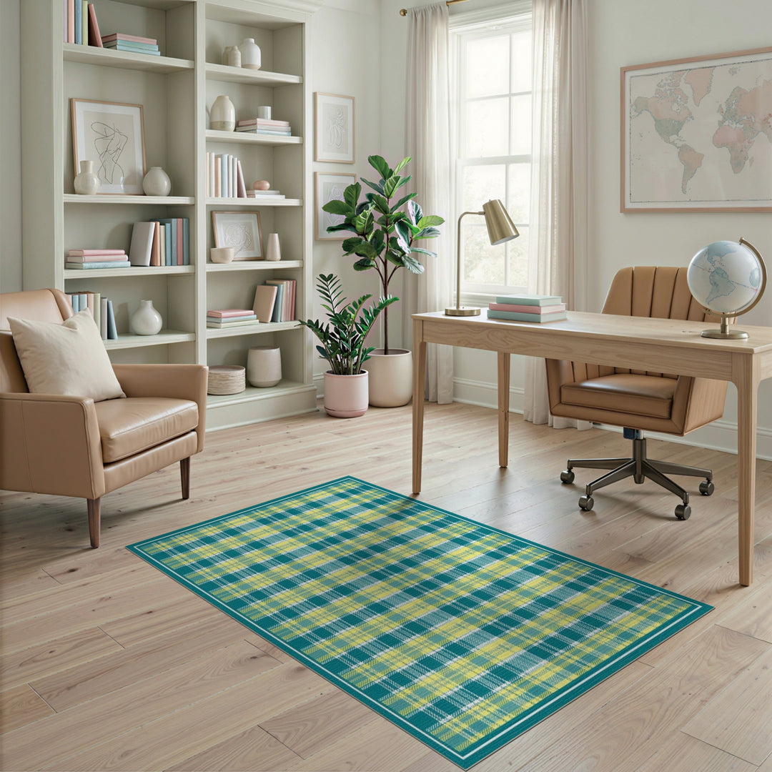 Teal Yellow Plaid Geometric Area Rug
