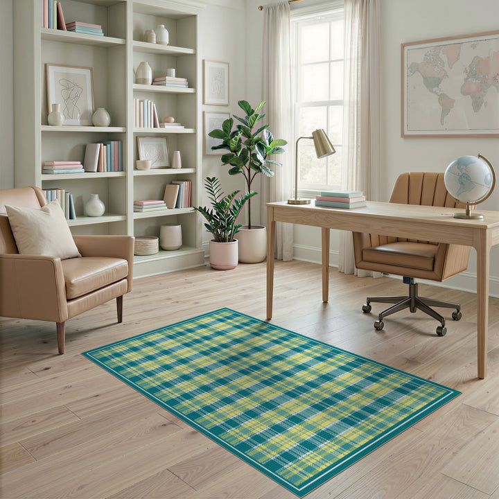 Teal Yellow Plaid Geometric Area Rug