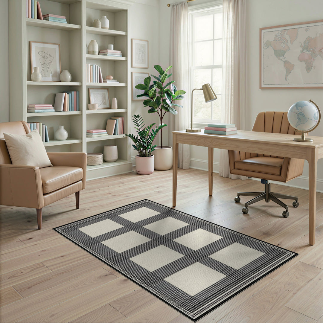 Black White Windowpane Check Area Rug