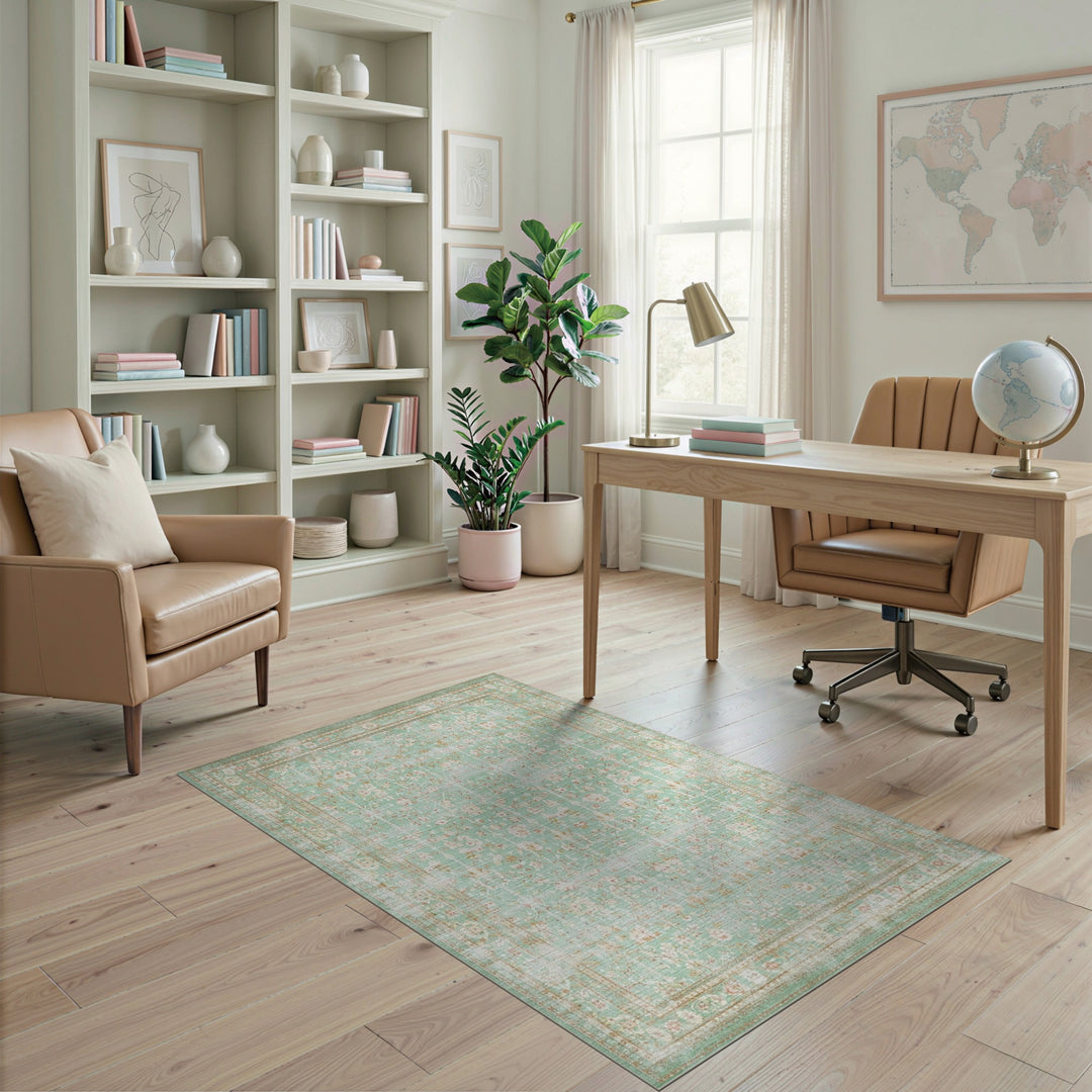 Vintage Teal Floral Distressed Area Rug