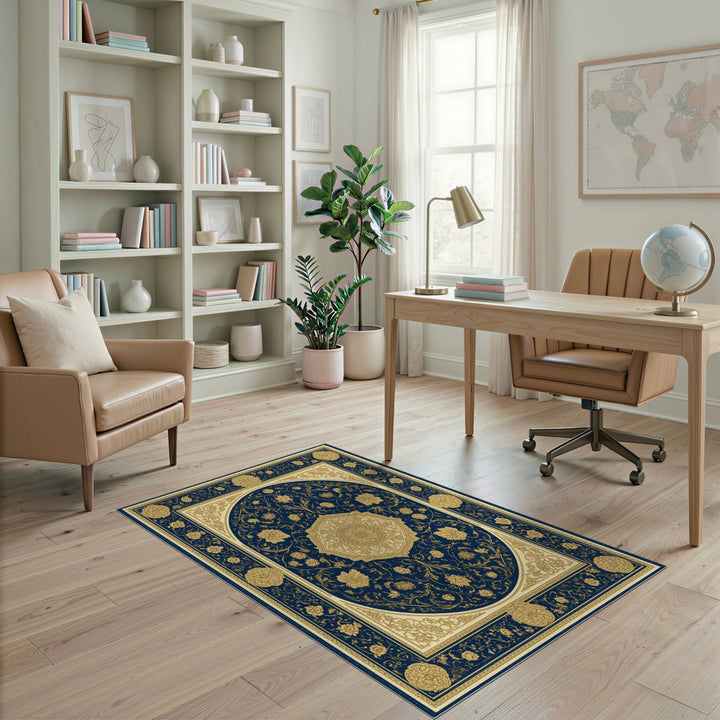Navy Blue Gold Floral Medallion Persian Rug