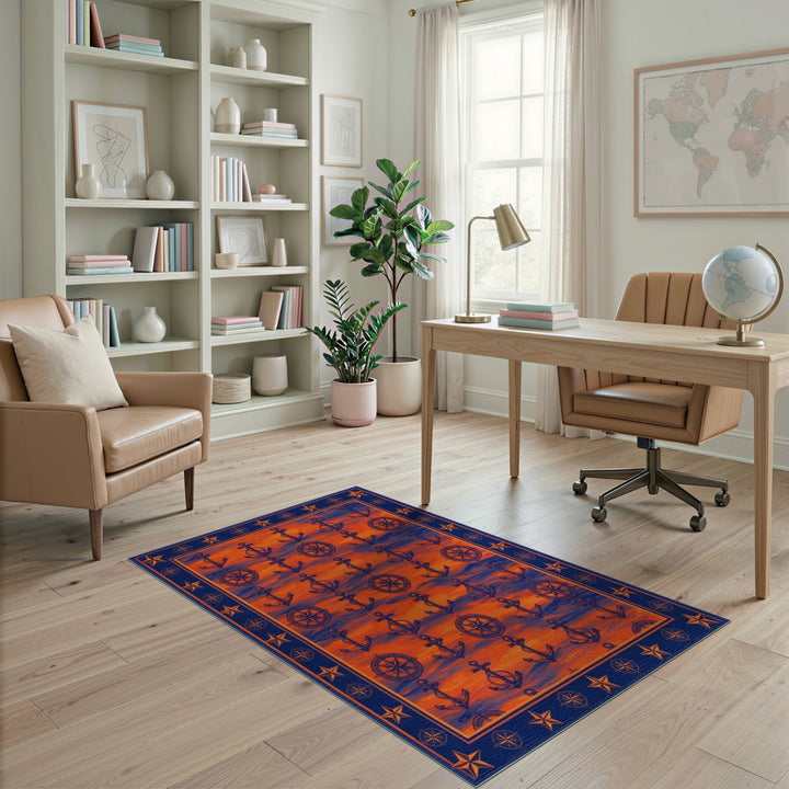 Orange Nautical Anchor Compass Area Rug