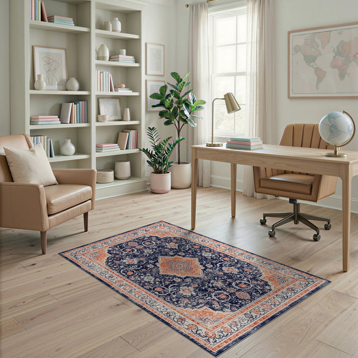 Navy Blue Orange Persian Floral Area Rug