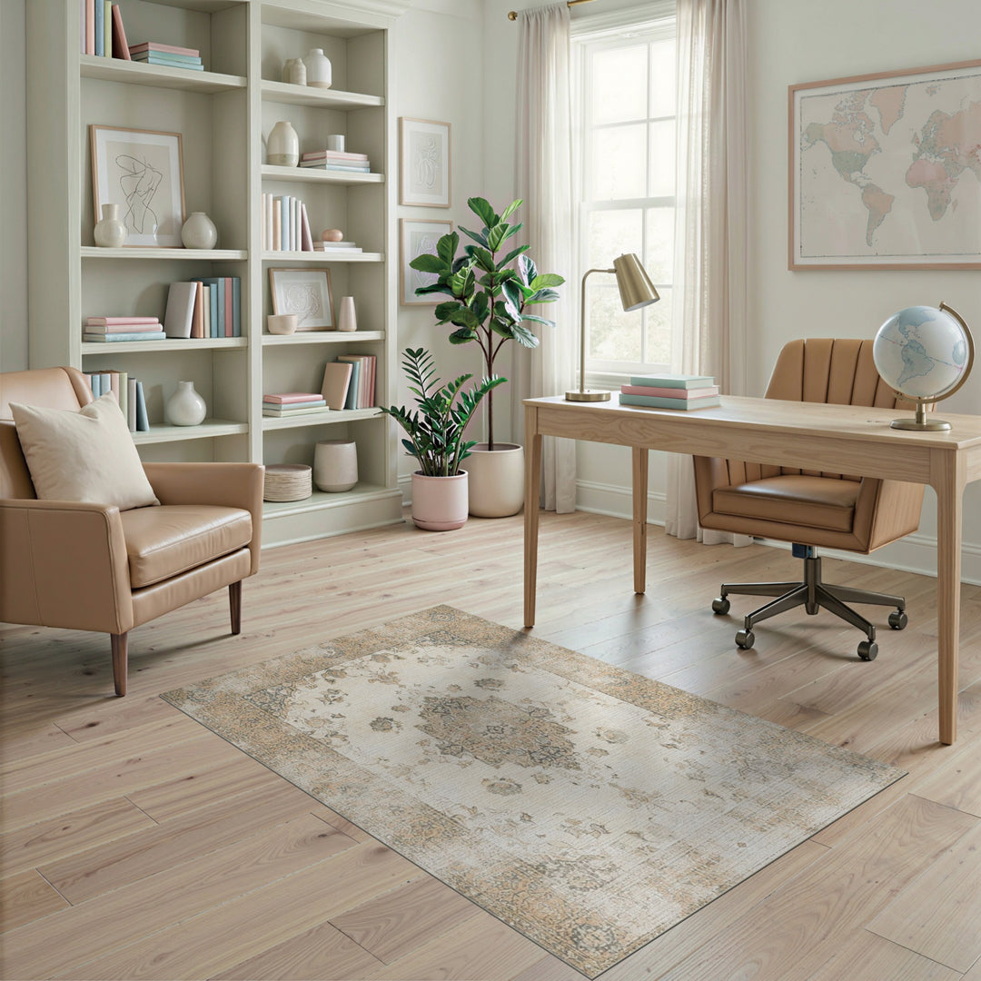 Distressed Vintage Beige Medallion Rug