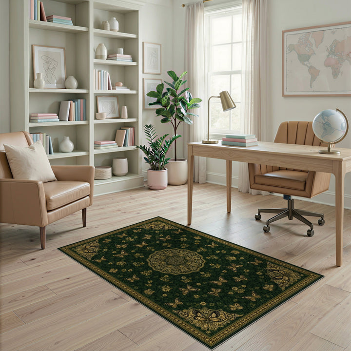 Green Gold Butterfly Medallion Area Rug