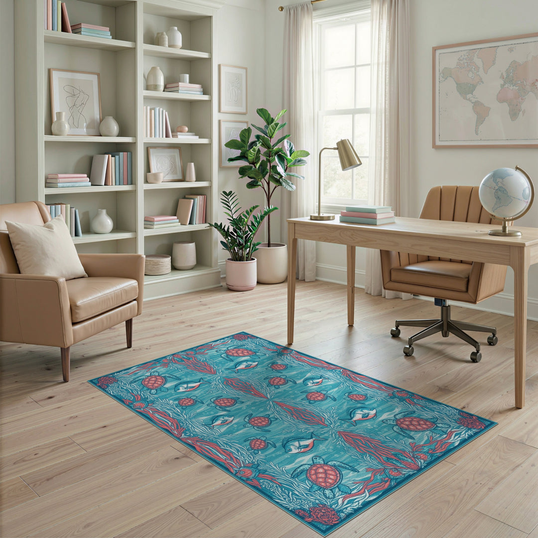 Blue Teal Sea Turtle Coastal Blue and Teal Area Rug