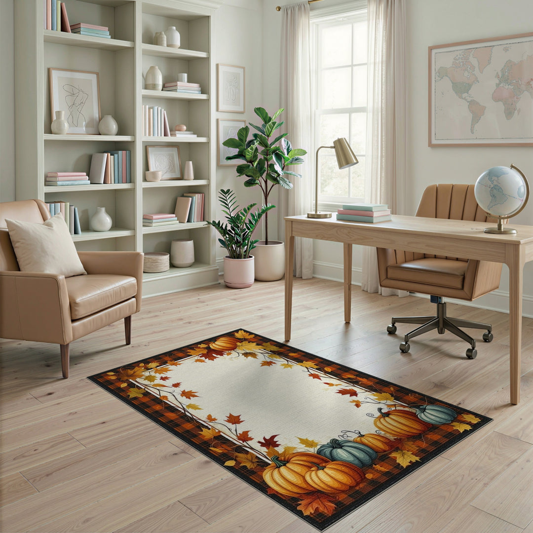 Autumn Pumpkin Plaid Washable Area Rug