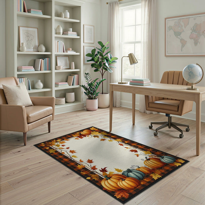 Autumn Pumpkin Plaid Washable Area Rug