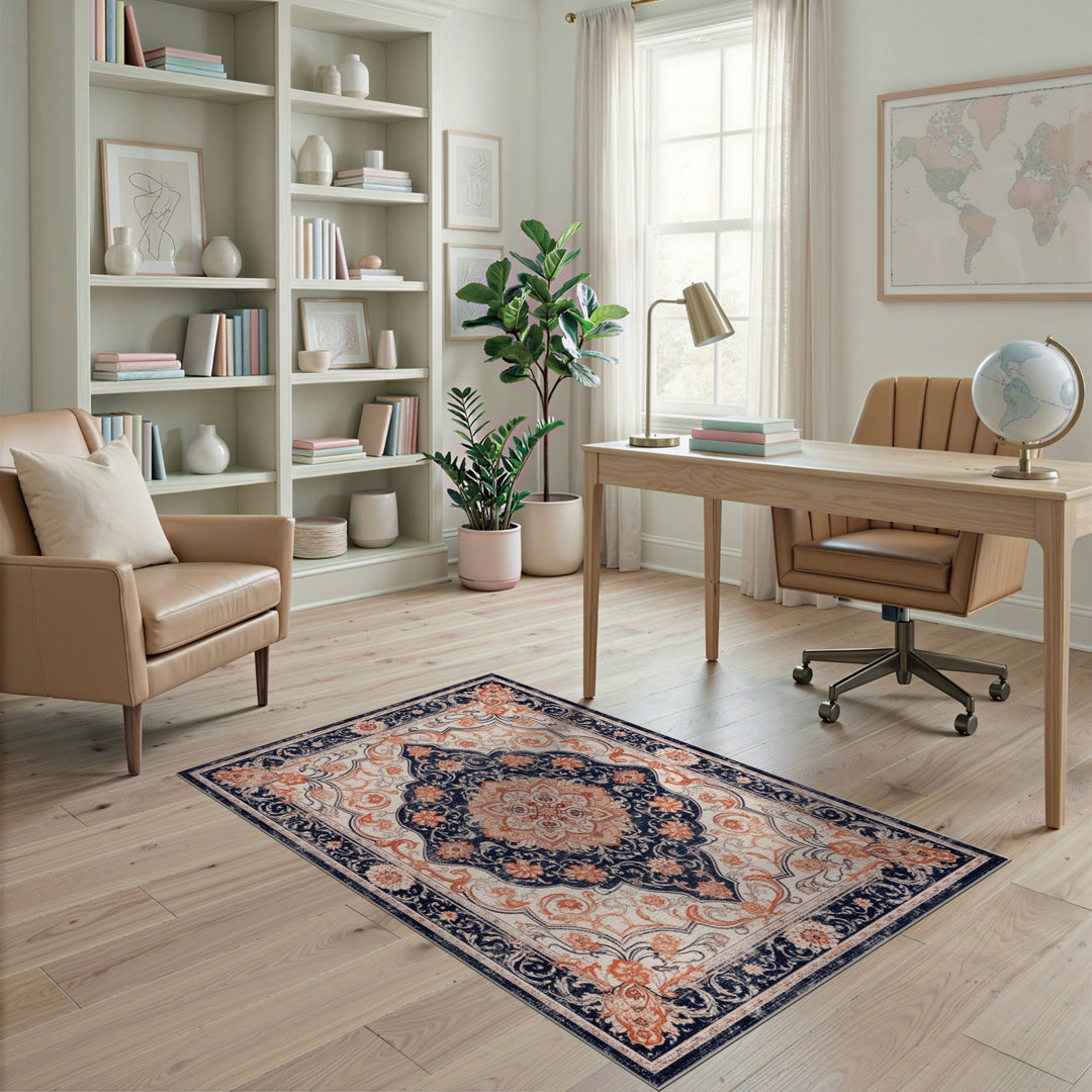 Navy Blue Coral Persian Medallion Area Rug