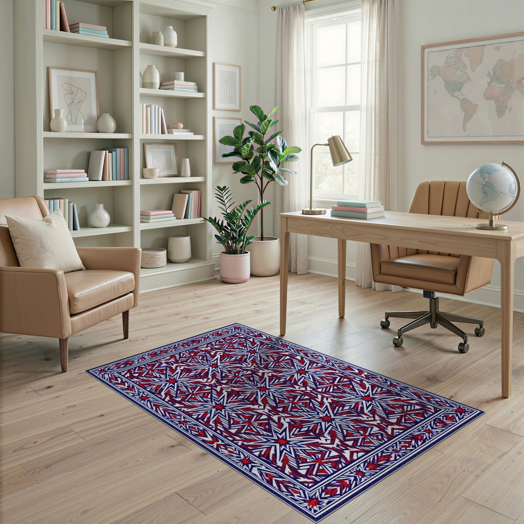 Red Blue Geometric Star Washable Area Rug