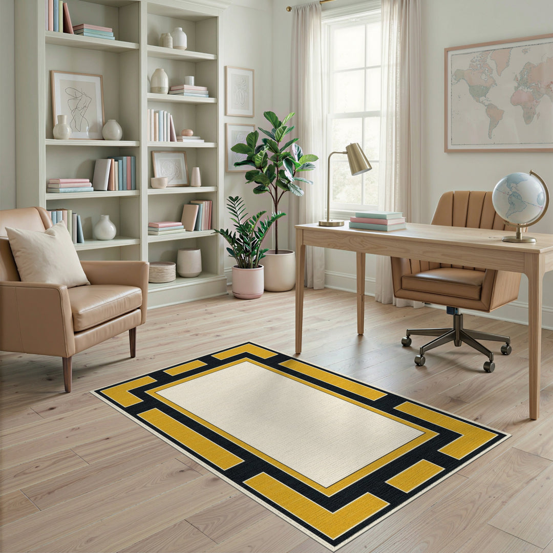 Gold Geometric Border Area Rug