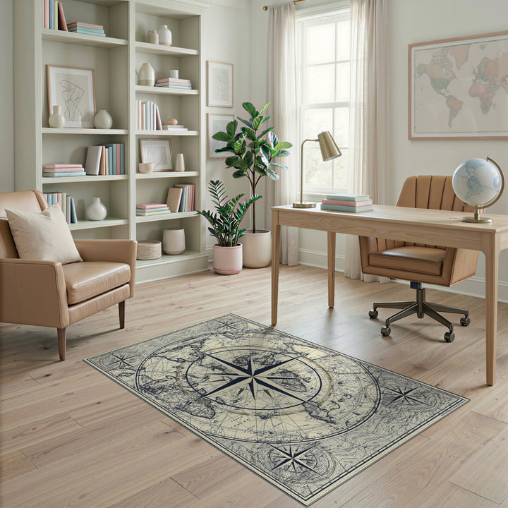 Vintage Nautical Compass Map Area Rug