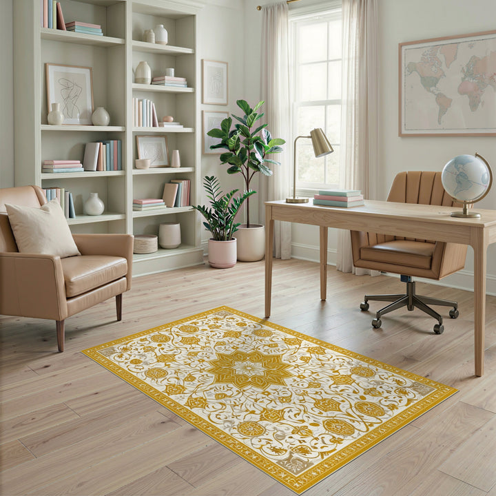 Gold and Silver Gold Floral Medallion Vintage Area Rug